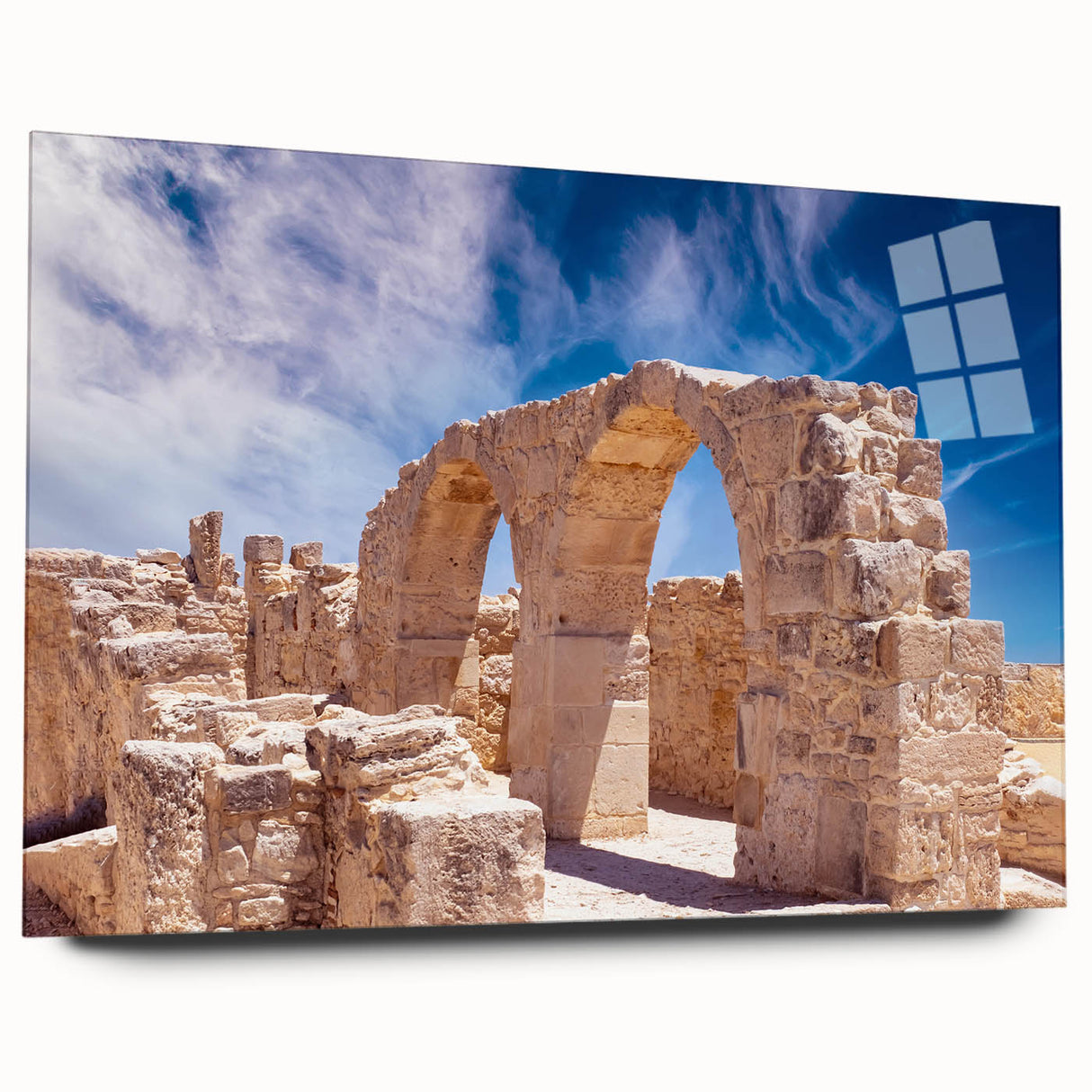Large abstract wall art of a European Cyprus landscape in muted earth tones on acrylic glass.