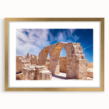 Abstract art print of a European Cyprus landscape in muted earth tones, framed in gold, ideal for dining room decor.