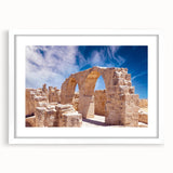 Textured abstract art print of a European Cyprus landscape in muted earth tones, framed with a white mat.