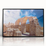 Large abstract wall art depicting a European Cyprus landscape in muted earth tones, framed in black acrylic.