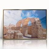 Art deco poster of a European Cyprus landscape in muted gold tones on framed acrylic, suitable for modern nursery wall art.