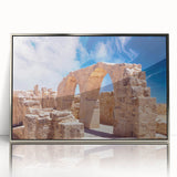 Framed acrylic print of a European Cyprus landscape in muted earth tones, ideal for modern art wall decor.