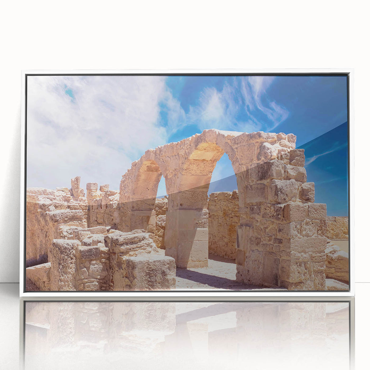 Mid-century modernist art depicting a European Cyprus landscape in muted earth tones on a framed acrylic.