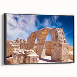 Black and white wall art featuring a vintage poster-style landscape of Cyprus on a framed canvas, suitable for bedroom decor.