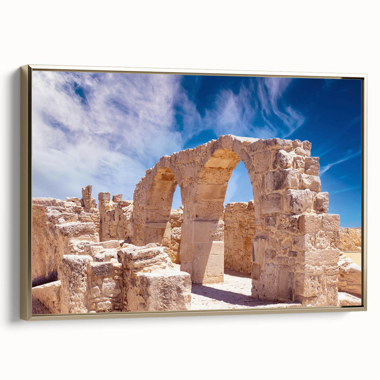 Framed canvas featuring a vintage-style landscape painting of a European scenery in Cyprus, with muted earth tones.
