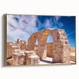 Framed canvas featuring a vintage-style landscape painting of a European scenery in Cyprus, with muted earth tones.