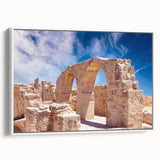 Vintage poster art of a European Cyprus landscape in vibrant colors on a large framed canvas, ideal for living room decor.