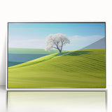 Mid-century modernist art depicting a Czech Republic scenery in muted earth tones on a framed acrylic.