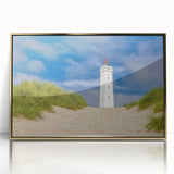 Art Deco-style poster of a European scenery in Denmark, framed in acrylic with gold tones, suitable for nursery wall art.