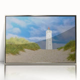 Framed acrylic print of a mid-century modernist European scenery in muted earth tones, ideal for modern art wall decor.