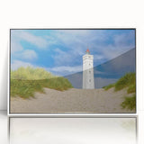 Mid-century modernist art depicting a serene Danish landscape in muted earth tones, framed acrylic.