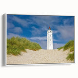 Vintage poster art of a European Denmark scenery on a large framed canvas, featuring colorful art in muted tones.