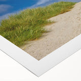 Art deco poster featuring a serene Danish landscape in muted green and blue tones on rolled canvas.