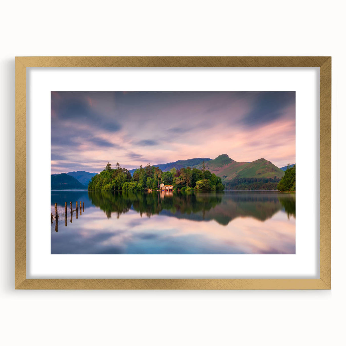 Abstract art print of Cumbria landscape in muted earth tones, framed with a gold mat, ideal for dining room decor.