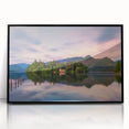 Large abstract wall art depicting a serene Cumbria landscape in muted greens and blues on a framed acrylic.