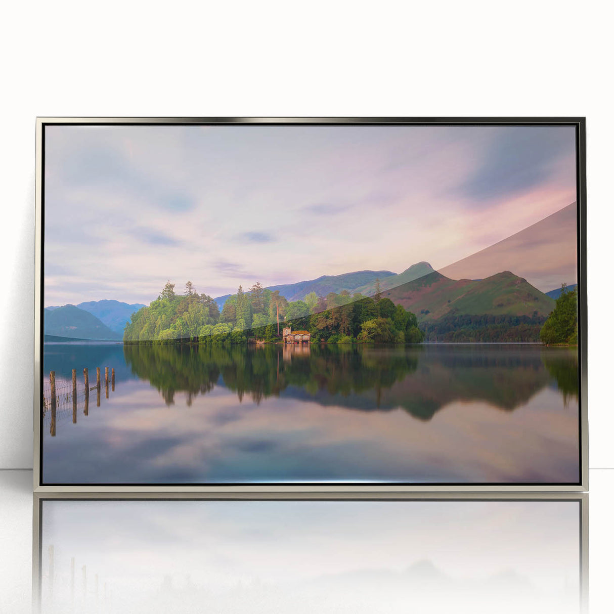 Large art print of Cumbria, England scenery in mid-century modernist style, framed in silver acrylic.