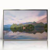 Large art print of Cumbria, England scenery in mid-century modernist style, framed in silver acrylic.