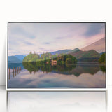 Mid-century modernist art of Cumbria landscape in muted colors on a framed acrylic, ideal for nursery wall art.