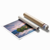 Extra large rolled print of Cumbria, England scenery with soft floral motifs in pastel shades.