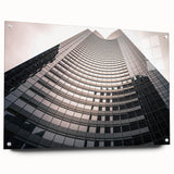 Acrylic glass print of a London cityscape featuring a detailed, large abstract design in muted colors.