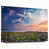 Acrylic glass print of a large abstract landscape in cool blues and greens, ideal for dining room decor.