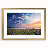 Abstract art print depicting a European scenery in muted earth tones on a framed gold canvas.