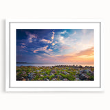 Textured art print of an abstract European landscape in muted earth tones, framed in white, ideal for bedroom decor.