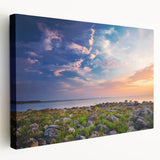 Wide canvas print of a serene Estonian landscape in muted green and blue tones, suitable for kitchen wall art.