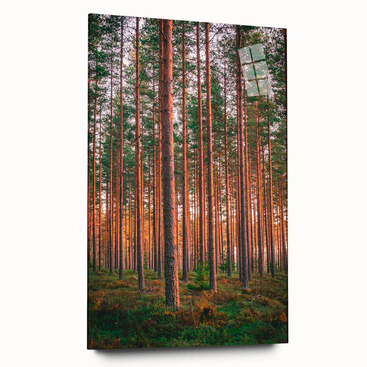 Large abstract wall art of a serene Finnish landscape in muted blues and greens on acrylic glass.
