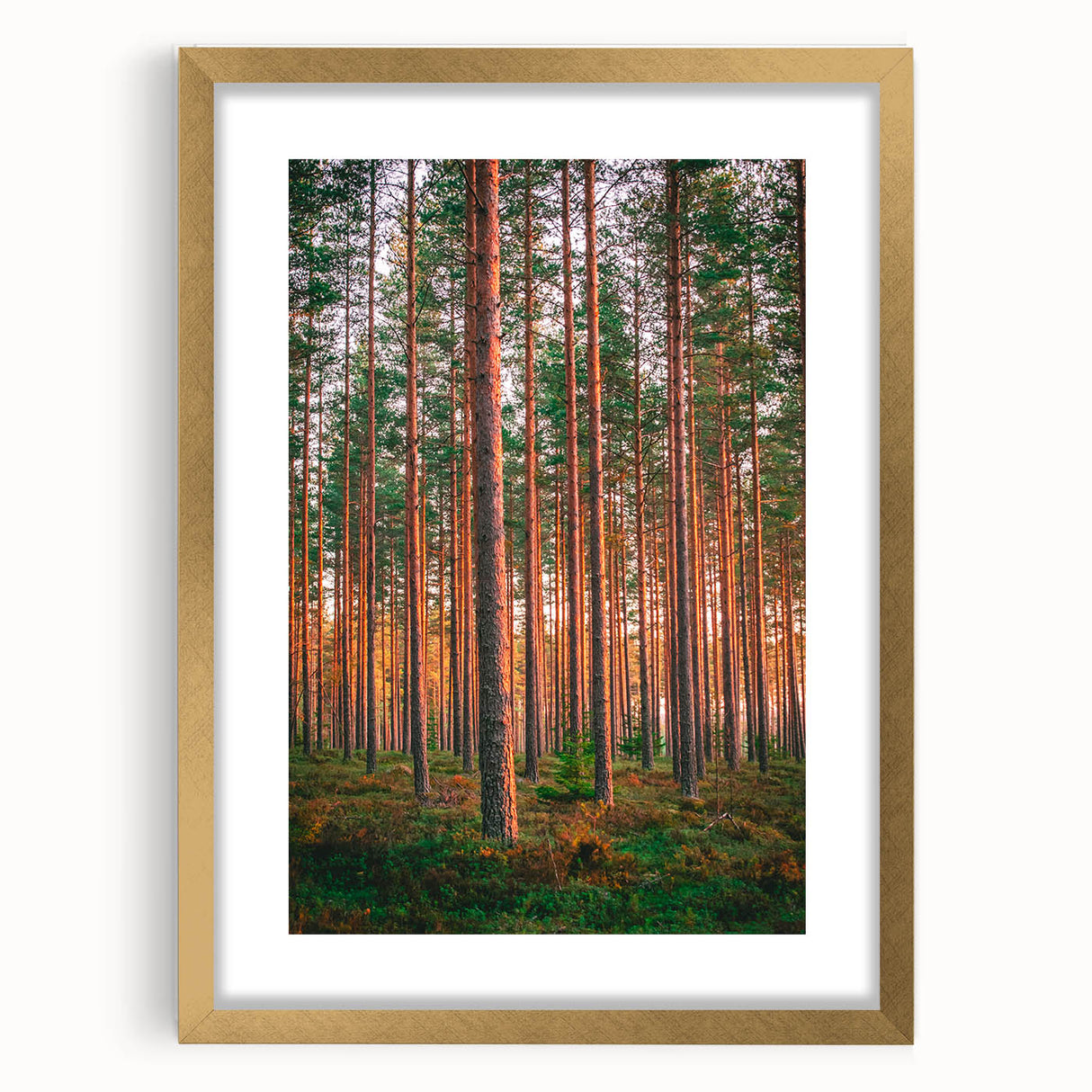 Abstract art print featuring a serene Finnish landscape in muted blue and green tones, framed in gold.