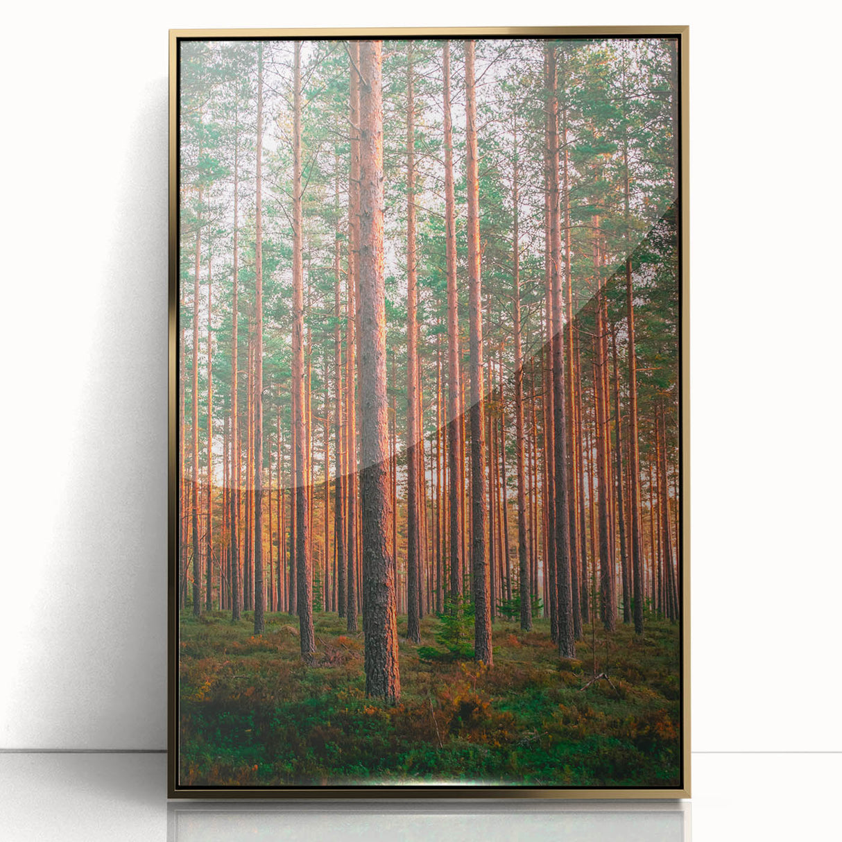 Art deco poster of a serene Finnish landscape in muted gold and blue tones, acrylic framed, ideal for modern art wall decor.