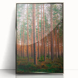 Large art print of a serene Finnish landscape in muted earth tones, framed in silver acrylic.