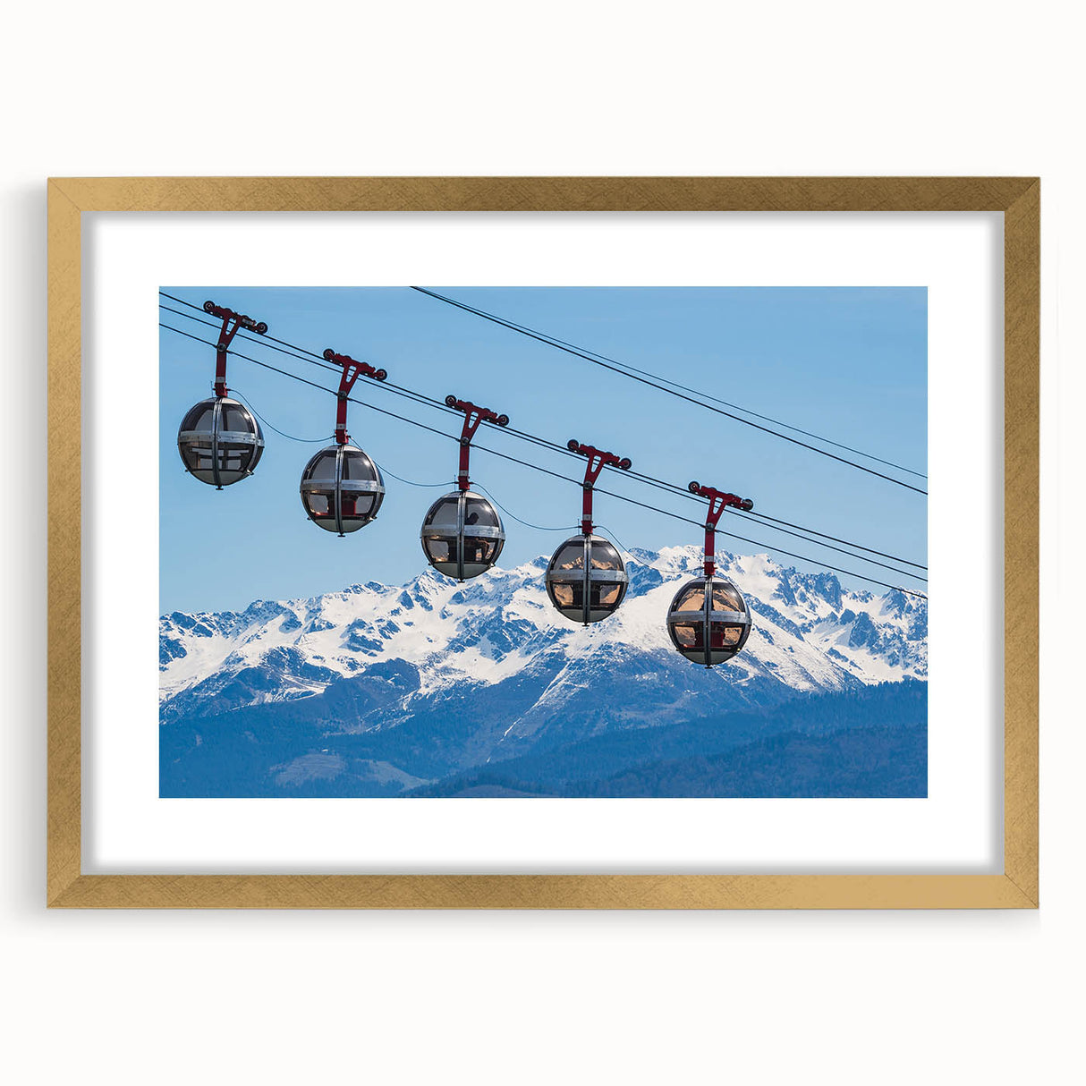 Abstract art print of the French Alps in muted earth tones on a framed canvas, suitable for dining room decor.