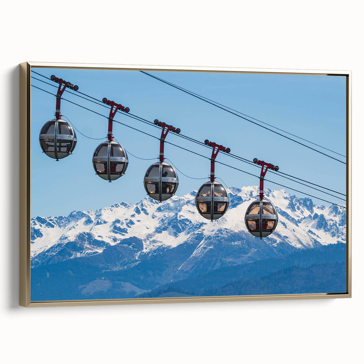 Framed canvas depicting a vintage-style landscape painting of the French Alps, in muted earth tones.