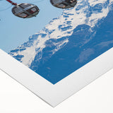 Art deco poster of the French Alps in muted blues and whites on rolled canvas, suitable for dining room wall art.