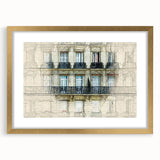 Abstract art print of Paris scenery in muted gold and blue tones, framed with a gold mat, suitable for dining room decor.