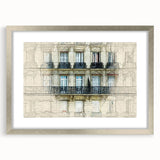 Extra large abstract art print of a textured Paris scenery in muted earth tones, framed in silver.