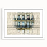 Textured art print of abstract Paris scenery in muted gray and blue tones on a framed white canvas, ideal for bedroom art.