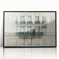 Large abstract wall art of a Paris scenery in muted black and gray tones on a framed acrylic.
