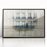 Large abstract wall art of a Paris scenery in muted black and gray tones on a framed acrylic.