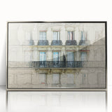 Acrylic print of a Parisian street scene in muted colors, framed in silver, suitable for modern art wall decor.