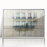 Mid-century modernist art depicting Paris skyline in muted pastel shades on framed acrylic, ideal for nursery wall art.