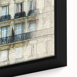 Extra large black wall art featuring a textured Parisian scenery in vibrant colors, framed canvas.
