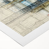 Art deco poster of Paris with muted blue and gray tones on rolled canvas, ideal for dining room wall art.