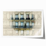 Extra large rolled print of Parisian scenery with floral accents in soft pastel shades.