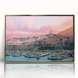 Art deco poster of a Provence, France scenery in pastel colors on gold-framed acrylic, suitable for modern art wall decor.