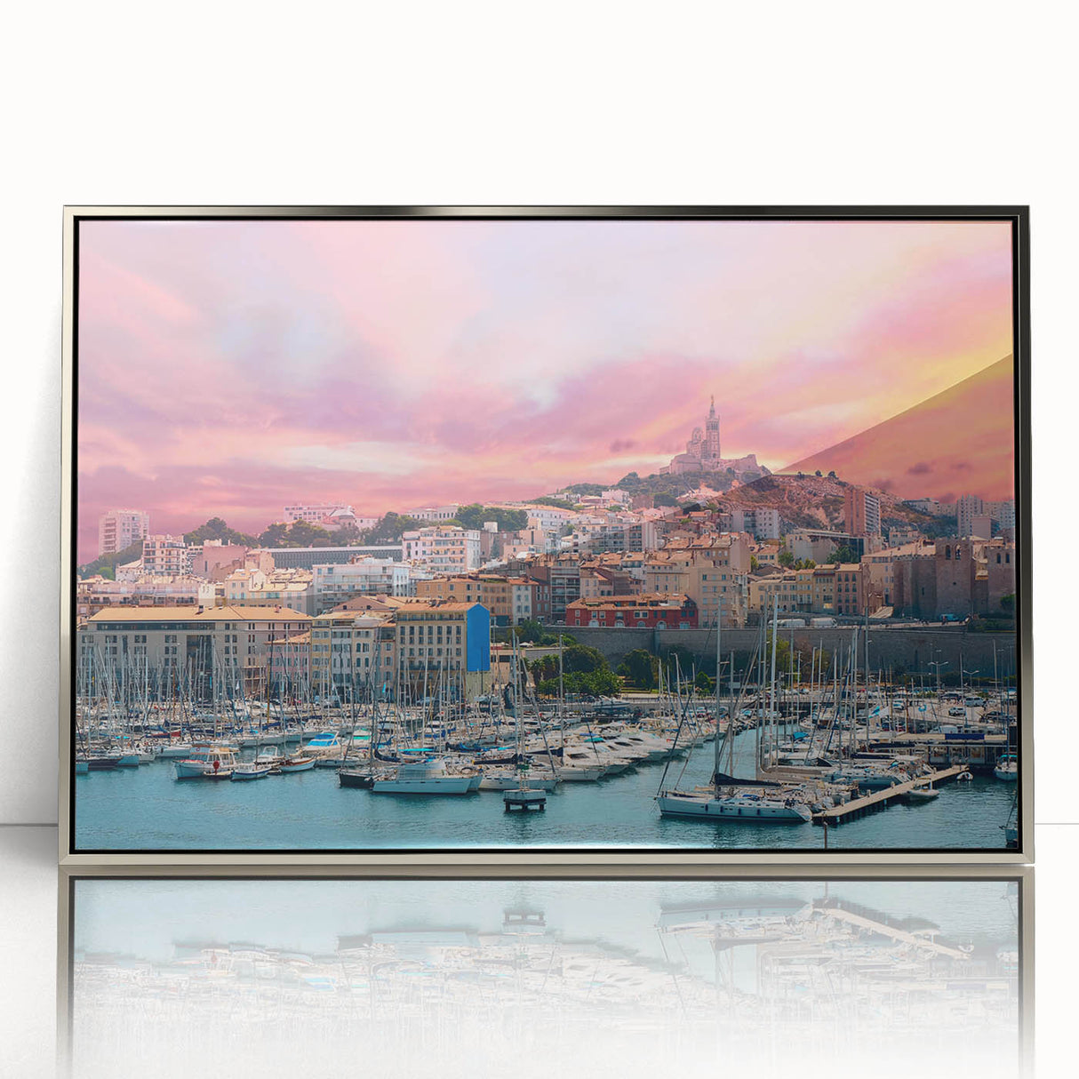 Large art print of a Provence landscape in muted earth tones on a silver-framed acrylic, suitable for modern art wall decor.