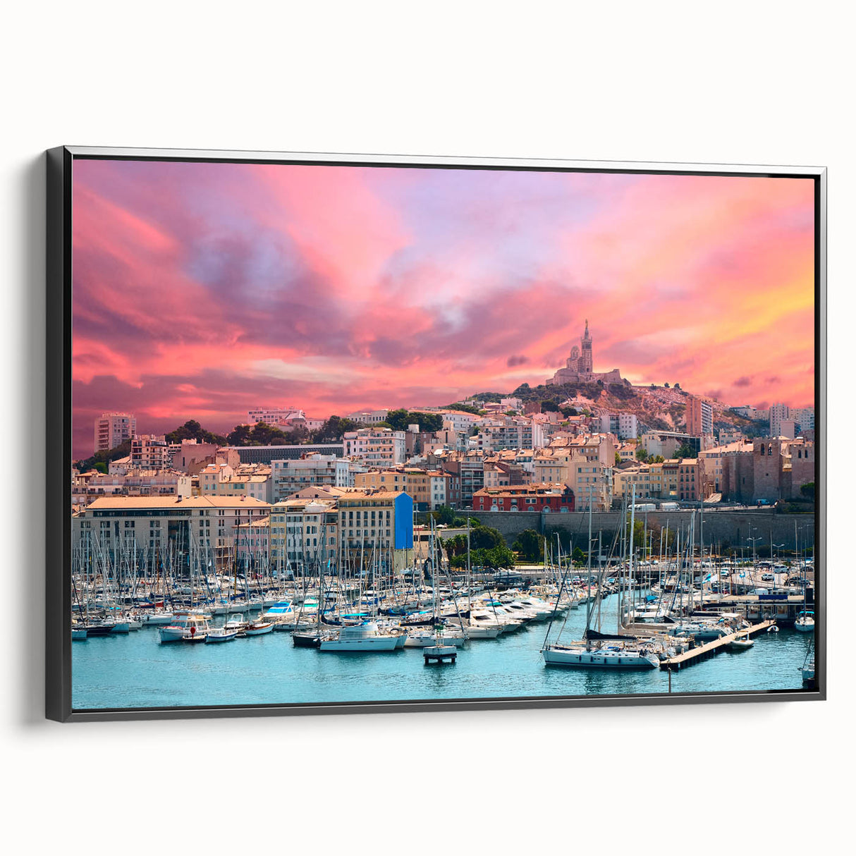 Black and white landscape art painting of Provence on framed canvas, ideal for bedroom wall decor.