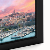 Close-up of a textured black wall art featuring colorful Provence scenery on framed canvas, ideal for living room decor.