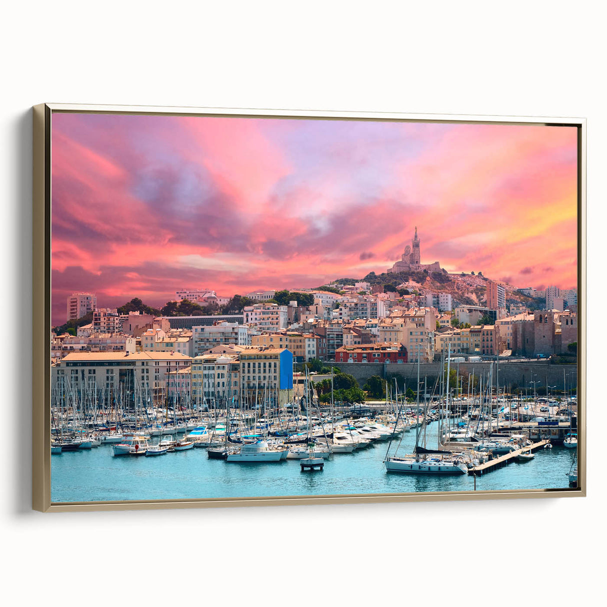 Framed canvas landscape painting of Provence with vintage poster art style in black and gold, ideal for bedroom decor.